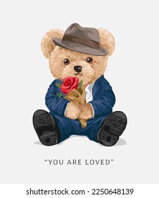 eslogan de amor con muñeca de oso con traje azul sosteniendo una ilustración de un vector de rosa