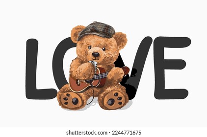 love slogan with bear doll holding microphone and guitar vector illustration