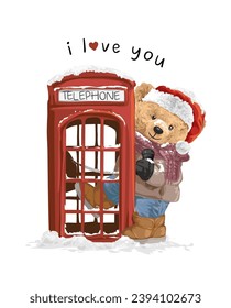 love slogan with bear doll in phone booth vector illustration