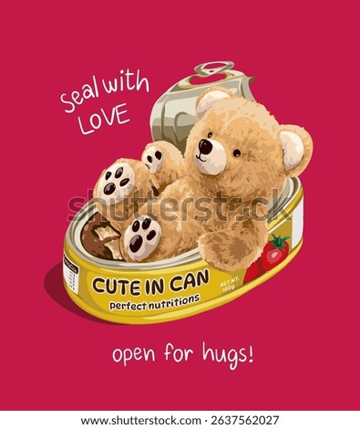 love slogan with bear doll in yellow fish can vector illustration