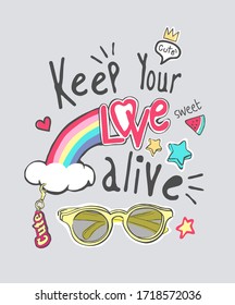 love slogan with cartoon sunglasses and colorful icons illustration