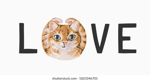 love slogan with cat hand up illustration