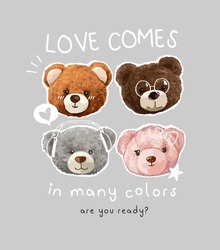 Love Slogan With Colorful Bear Dolls Vector Illustration