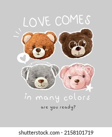 love slogan with colorful bear dolls vector illustration