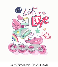 love slogan with colorful cartoon roller blades and cute icons vector illustration