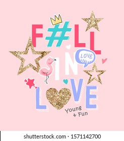 love slogan with colorful cute icons and glitters illustration