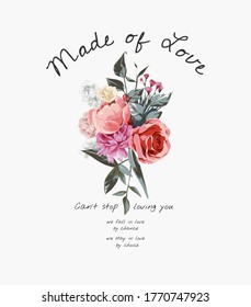 love slogan with colorful flower bouquet illustration