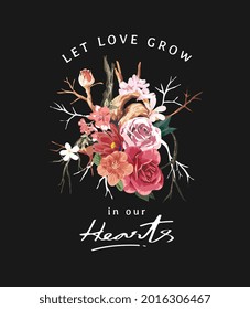 love slogan with colorful flower in heart organ shape vector illustration on black background
