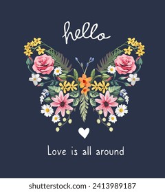 love slogan and colorful flowers in butterfly shape vector illustration