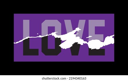 Love slogan crack broken on black background. purple cracked sticker. graphic print design. for t shirt, sweatshirt, card, poster, banner,  vector illustration