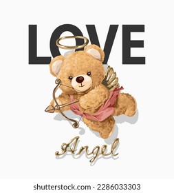 love slogan with cute bear doll love angel with gold arrow vector illustration