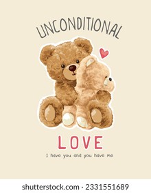 love slogan with cute bear doll parental hugging vector illustration