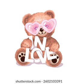 In love slogan cute bear doll with pink heart sunglasses vector illustration.