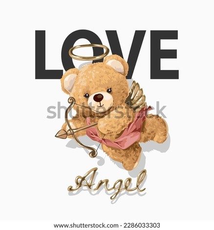 love slogan with cute bear doll love angel with gold arrow vector illustration