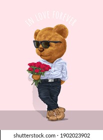 love slogan with cute bear toy holding roses,vector illustration for t-shirt.