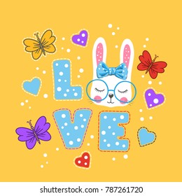 Love slogan. Cute bunny girl. Summer illustration for print on t-shirt and other uses