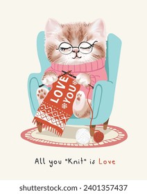 love slogan with cute kitten knitting cartoon vector illustration