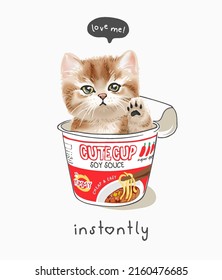 love slogan with cute kitten in noodle cup vector illustration