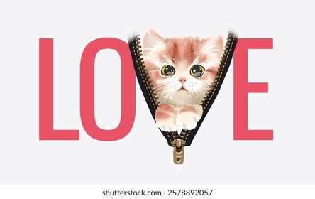 love slogan with cute kitten in zipper vector illustration