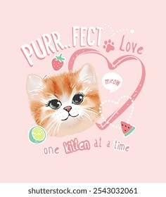 love slogan with cute little kitten and fruits icons vector illustration