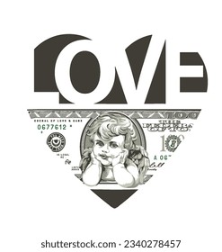 love slogan with dollar bill and cupid angel vector illustration