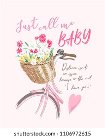 love slogan with flowers in the bicycle basket illustration