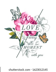 love slogan with flowers and butterflies illustration