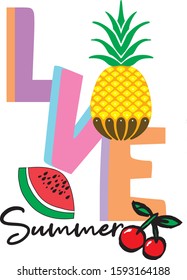 Love slogan with fruit badges for tshirt graphic vector print.