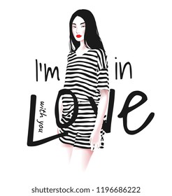 love slogan with girl illustration