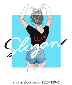 love slogan with girl making heart sign with arm in black tee illustration