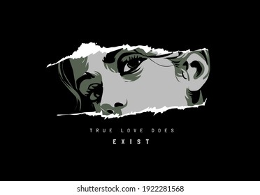 love slogan with girl's eyes peeking through ripped paper comic illustration