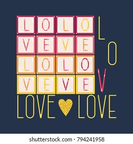 love slogan with golden heart. Vector typography for t shirt, stickers, and printed tee design.