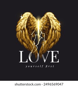 love slogan with golden wings and lighning vector illustration on black background