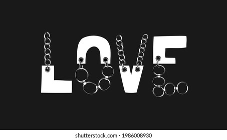 love slogan half silver chain lace vector illustration on black background