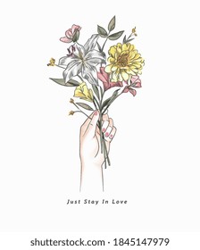 In Love Slogan With Hand Holding Colorful Bouquet Of Flower Illustration
