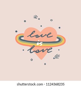 Love is love slogan. Heart with a rainbow. Typography graphic print, fashion drawing for t-shirts .Vector stickers,print, patches vintage