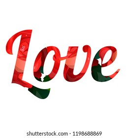 Love - slogan . Letters with floral fill. Beautiful print for t-shirts, textiles and postcards. The text is written on white background. Vector illustration.
