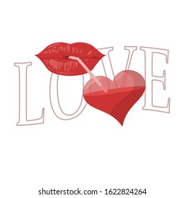 Love slogan with lips and heart. Vector illustration.