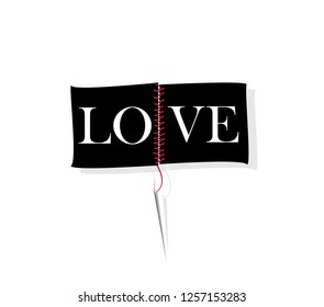 Love slogan with needle and thread concept. Vector illustration varsity, graphic for t-shirt. 
