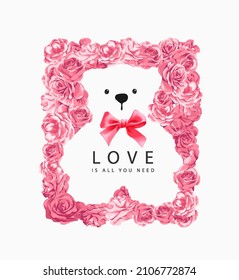 love slogan with pink roses in bear doll shape vector illustration