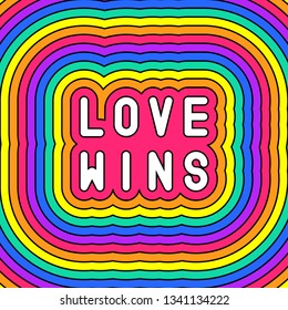 "Love wins” slogan poster. Colorful, rainbow-colored text vector illustration. Fun cartoon, comic style design template. 