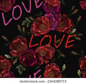 Love slogan. Red poppies flowers spring style. Fashion art template for clothes, t-shirt design. Floral vector background. Seamless pattern. Embroidery