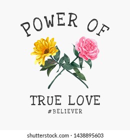 love slogan with rose and sunflower crosses illustration