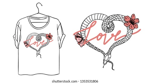 Love slogan. Snake and heart typography graphic print, fashion drawing for t shirt 