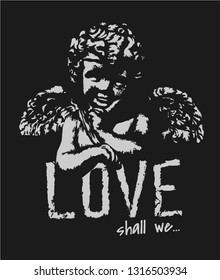 love slogan with stone baby angel illustration