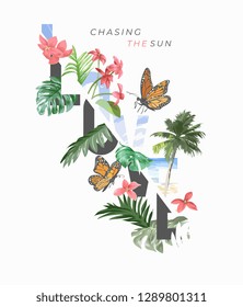 love slogan with tropical flowers and palm leafs illustration