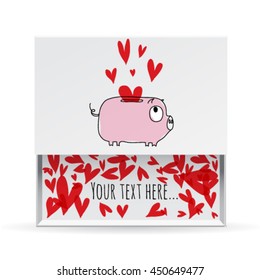Love small white gift box, frame with a piggy bank and message. Greeting card. Love vector illustration easy editable for design.