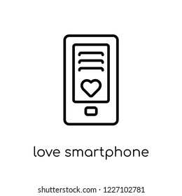 love smartphone icon. Trendy modern flat linear vector love smartphone icon on white background from thin line Wedding and love collection, outline vector illustration