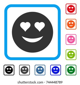 Love Smiley icon. Flat grey pictogram symbol in a blue rounded rectangular frame. Black, gray, green, blue, red, orange color versions of Love Smiley vector.
