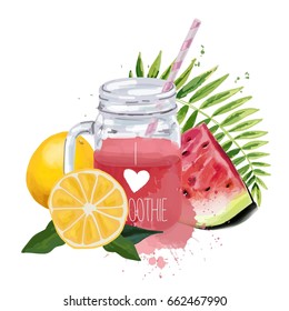 I love smoothie. Smoothie jar with tropical leaf, watermelon and oranges.